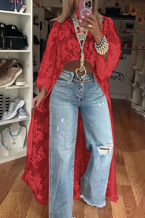 Lace Pattern Mock Neck Balloon Sleeve High Low Maxi Top