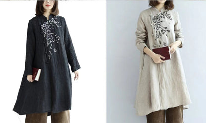 Vintage schwarze Leinenkleider Plus Size Leinenblusen Kaftane