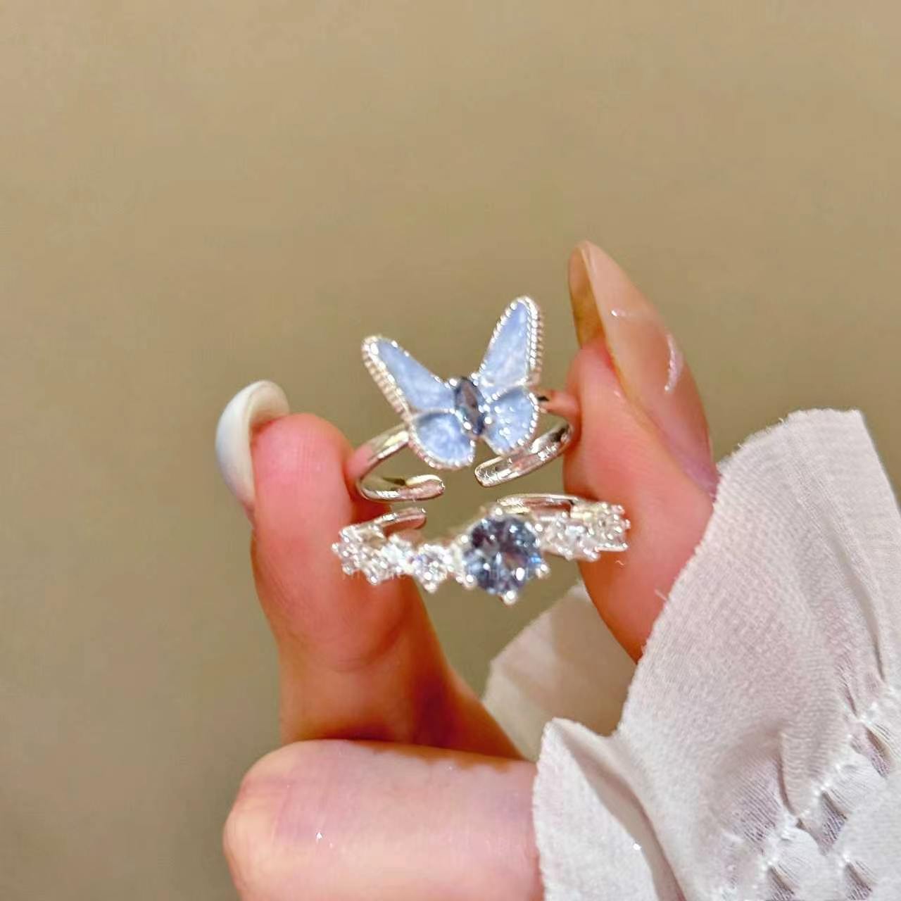 Cute Blue Copper Zircon Butterfly Rings Two-Piece Set