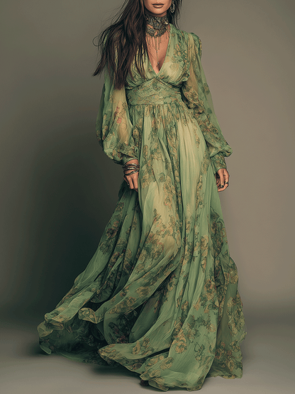 Vintage Green Bohemian Floral Ruffle Maxi Dress