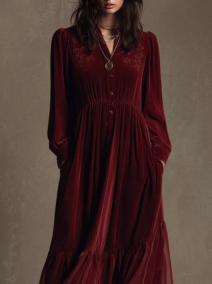 Quiet Luxury Velvet Embroidered Chiffon Ruffled Hem Maxi Dress
