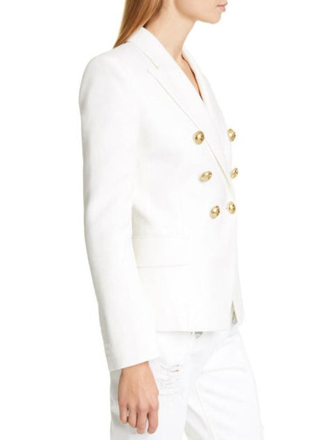 Commuter Cream Double-Breasted Gold-Buttoned Waist-Defining Blazer