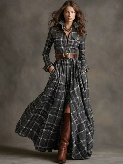 Retro Ethnic Style Lapel Reddish Brown Plaid Maxi Dress