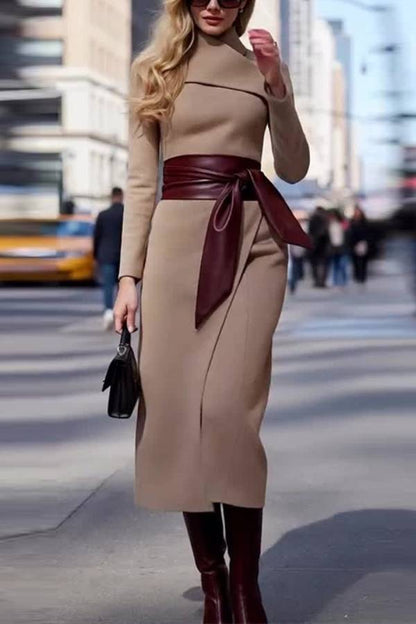 Tie-waisted elegant long woolen dress