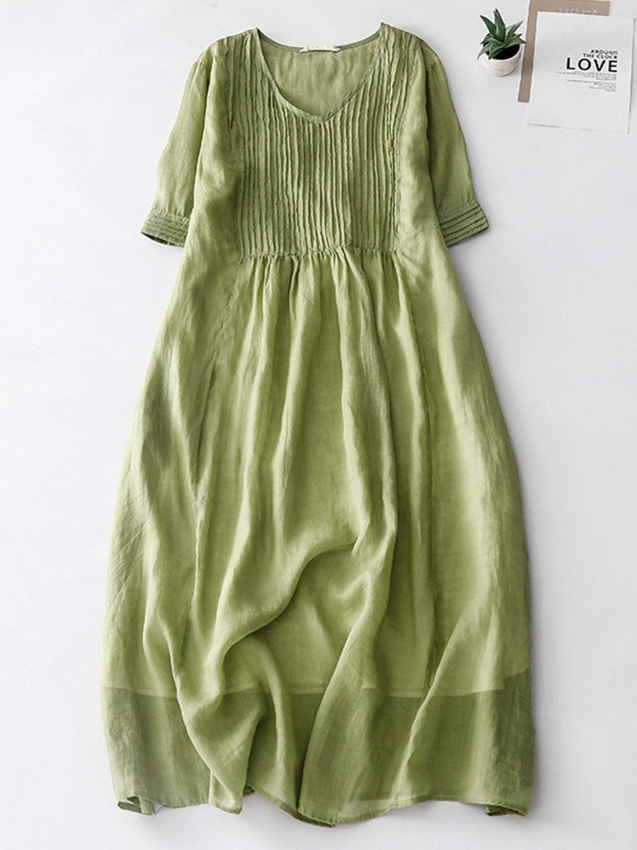 Accordion Pleated Linen Midi Dress