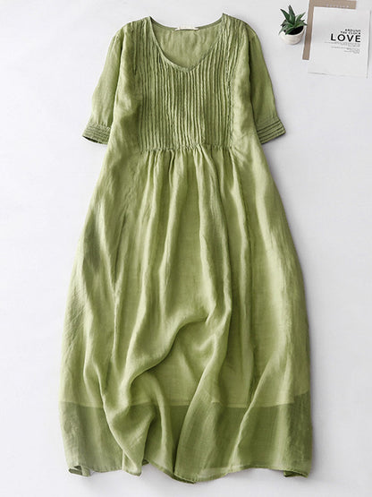 Accordion Pleated Linen Midi Dress
