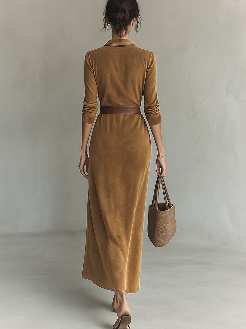 Women's Suede Single-breasted Lapel Belt Maxi Dress