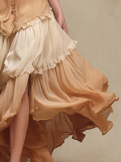 Boho Ombre Lace Trim Flowy Maxi Dress