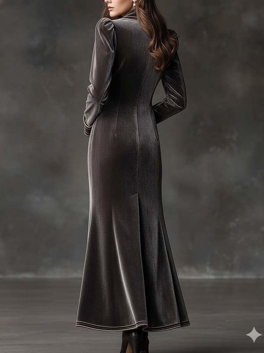 Velvet Double-Breasted Maxi Dress With Gold Trim