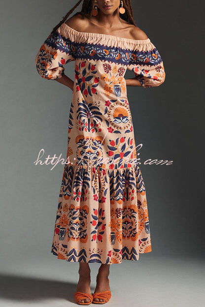 Island Print Off-Shoulder Flowy Midi Dress