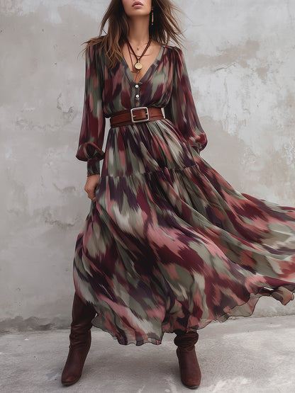 Bohemian Abstract Printed Chiffon Maxi Dress With Belt
