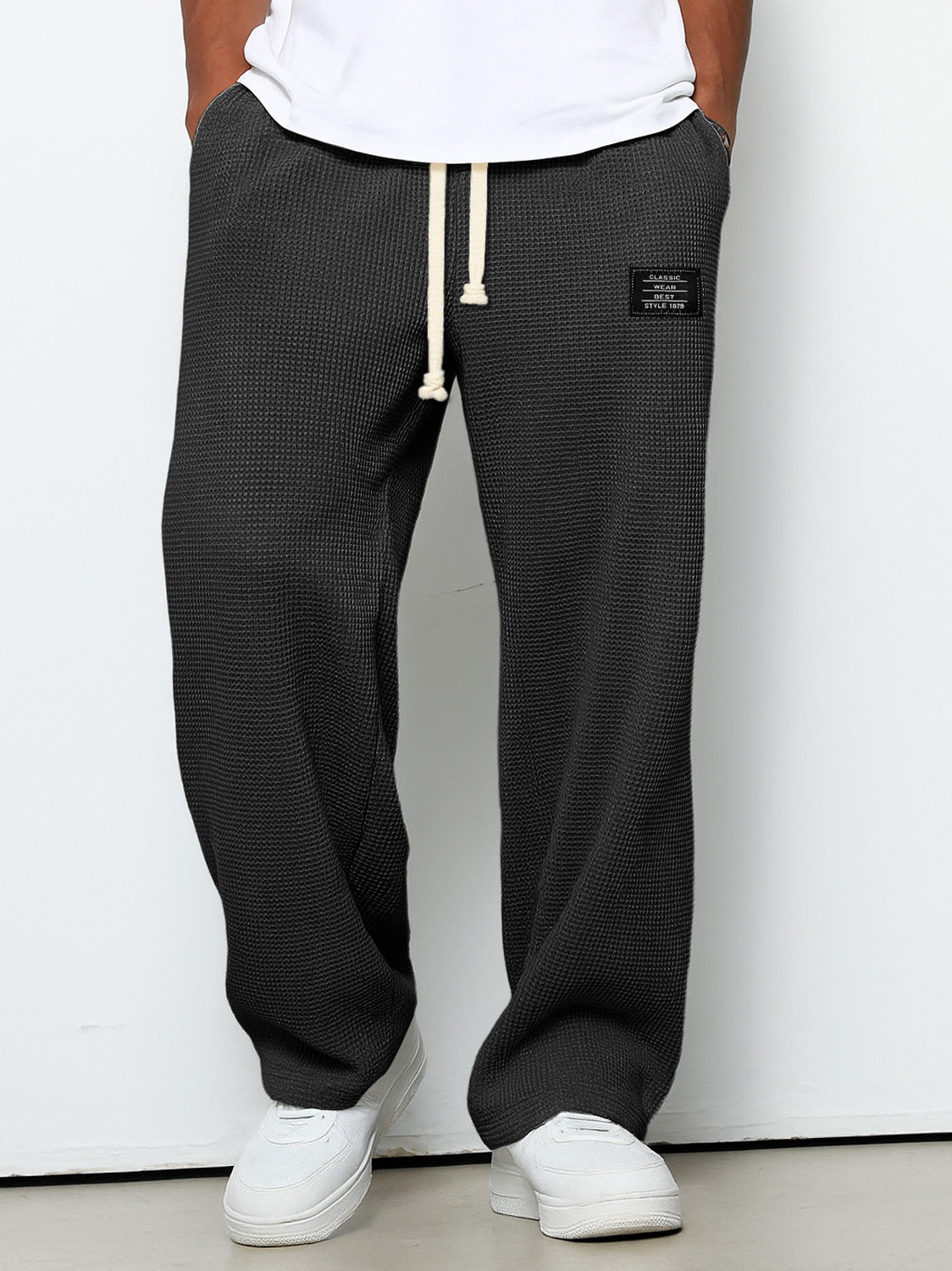 Men's Casual Waffle Embroidered Logo Simple Solid Color Trousers