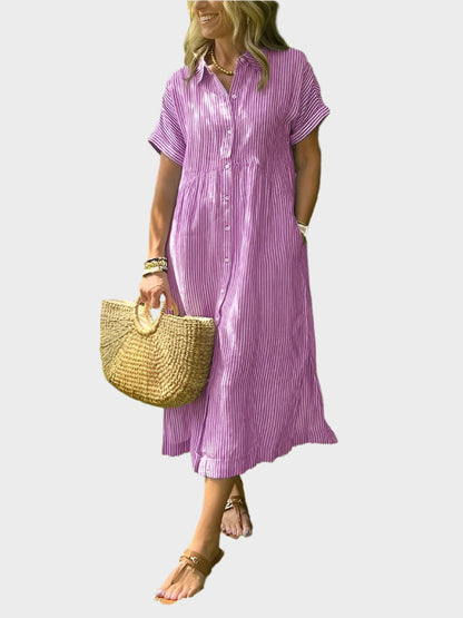 Striped Shirt Dress with Flaps, Buttons and Functional Pockets