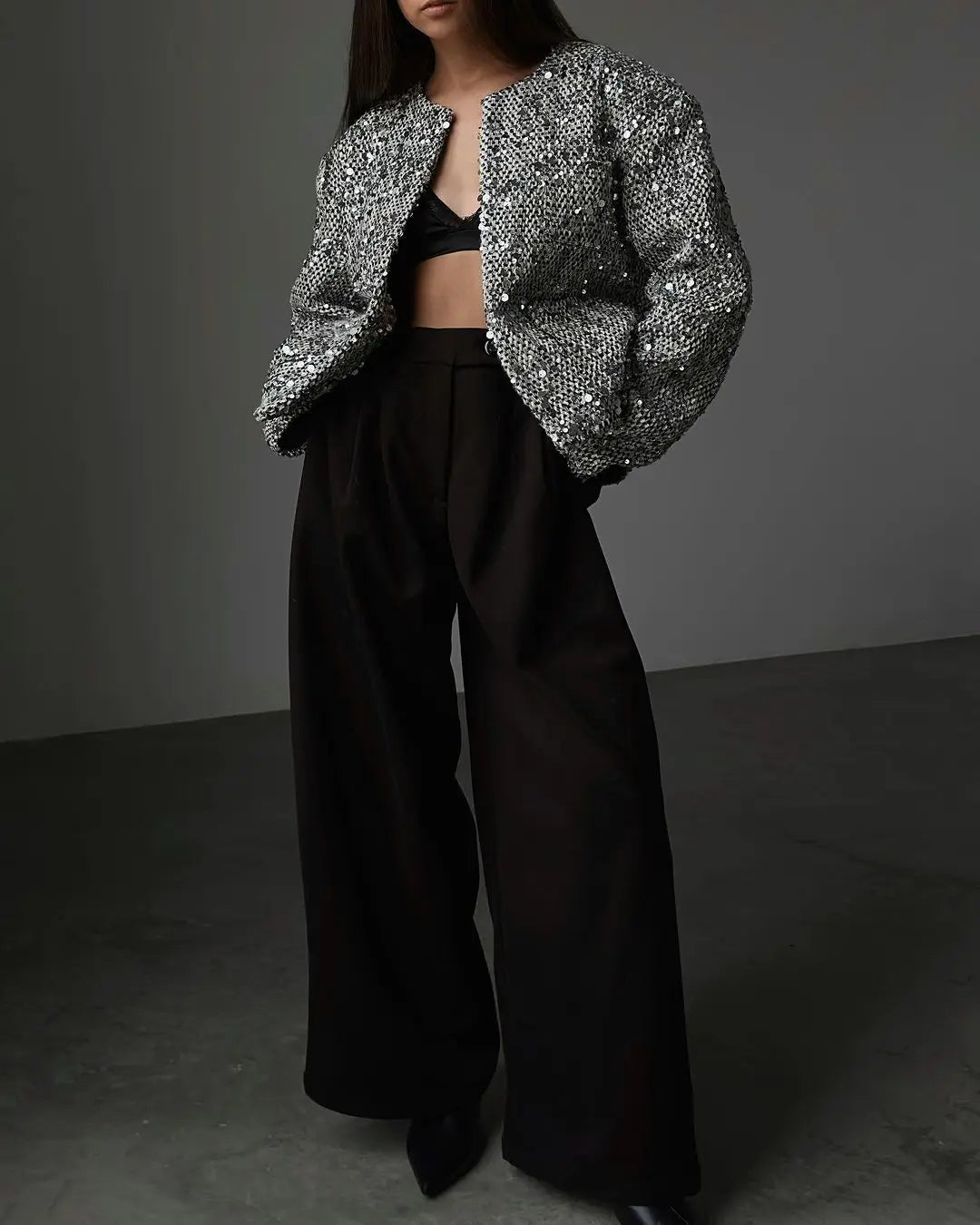 Fashionable Silver-Black Sequined Chunky Knit Oversized Top