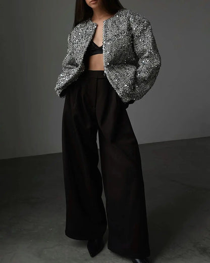 Fashionable Silver-Black Sequined Chunky Knit Oversized Top