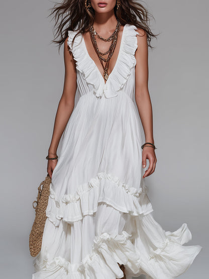 Vintage Sleeveless Maxi Dress With Ruffle Details