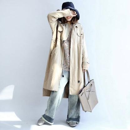 Herbst beige Baumwolle Trenchcoat Krawatte Taille lose Taschen Revers Parka