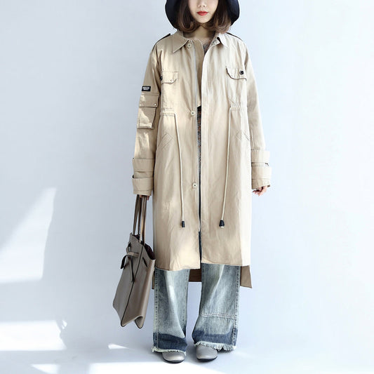 Herbst beige Baumwolle Trenchcoat Krawatte Taille lose Taschen Revers Parka
