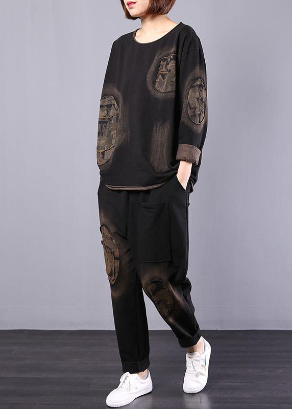 Autumn Black Appliques Suit Loose Casual Cotton Sport Two Pieces - SooLinen