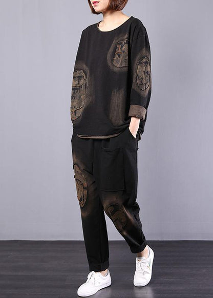 Autumn Black Appliques Suit Loose Casual Cotton Sport Two Pieces - SooLinen