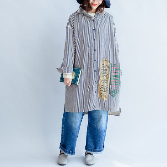 Herbst schwarz beige gestreiften Drucke Baumwolle Hemdkleid Plus Größe Kapuze Strickjacken Midi Kleid