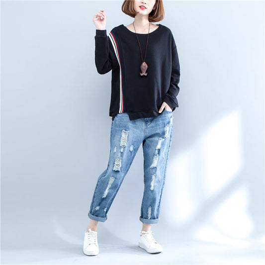Herbst schwarz lässig dickes T-Shirt plus Größe Langarm Patchwork Tops