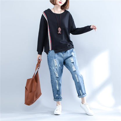 Herbst schwarz lässig dickes T-Shirt plus Größe Langarm Patchwork Tops