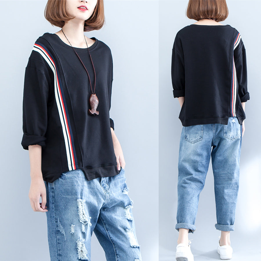 Herbst schwarz lässig dickes T-Shirt plus Größe Langarm Patchwork Tops