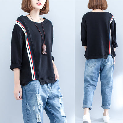 Herbst schwarz lässig dickes T-Shirt plus Größe Langarm Patchwork Tops