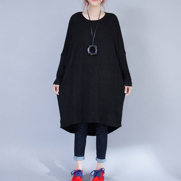 Herbst schwarze Low-High-Wollstrickkleider in Übergröße, lässiges Langarm-Umstandspulloverkleid
