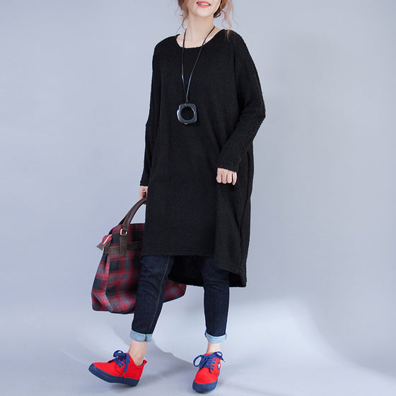 Herbst schwarze Low-High-Wollstrickkleider in Übergröße, lässiges Langarm-Umstandspulloverkleid