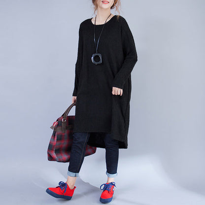 Herbst schwarze Low-High-Wollstrickkleider in Übergröße, lässiges Langarm-Umstandspulloverkleid