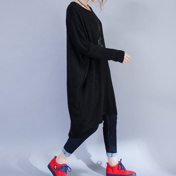 Herbst schwarze Low-High-Wollstrickkleider in Übergröße, lässiges Langarm-Umstandspulloverkleid
