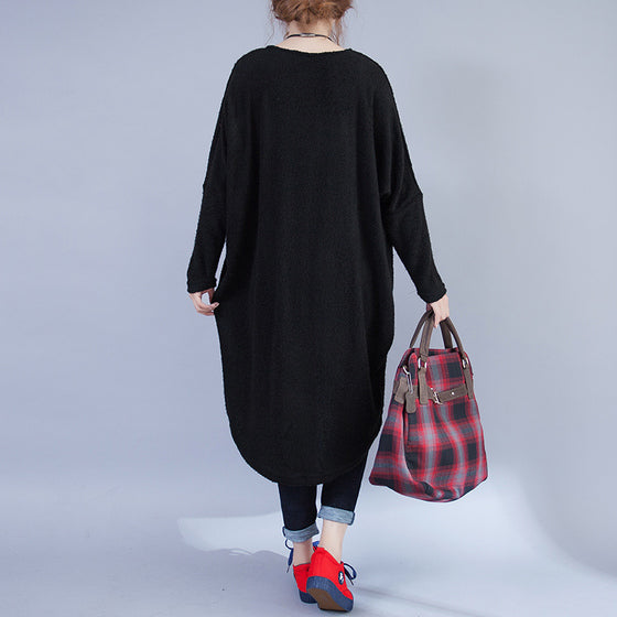 Herbst schwarze Low-High-Wollstrickkleider in Übergröße, lässiges Langarm-Umstandspulloverkleid