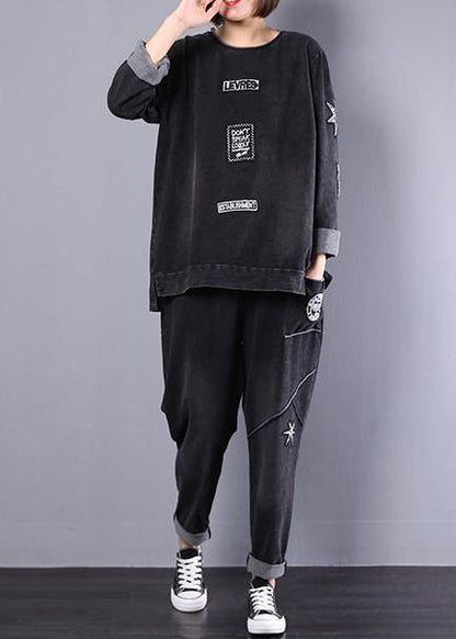 autumn black women alphabet vintage cotton casual sport suit - SooLinen