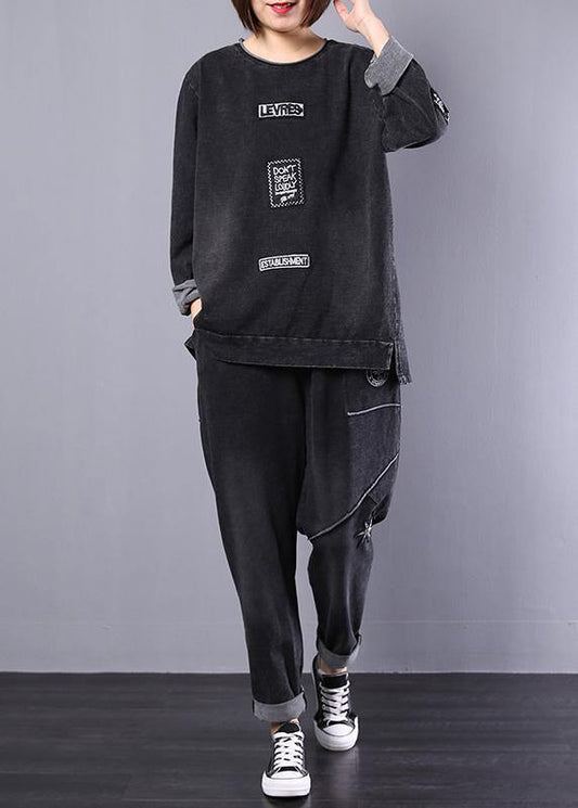 autumn black women alphabet vintage cotton casual sport suit - SooLinen