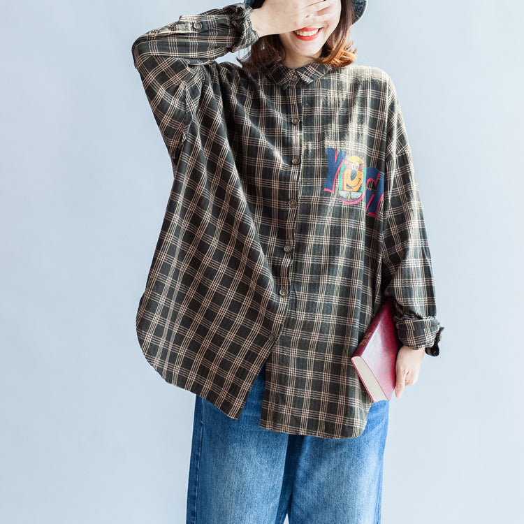 Herbst lässige schwarzgrüne Baumwollbluse Oversize-Tops mit Cartoon-Print und Fledermausärmeln