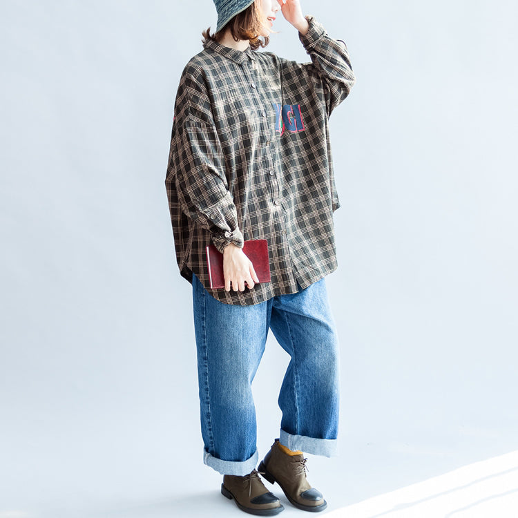 Herbst lässige schwarzgrüne Baumwollbluse Oversize-Tops mit Cartoon-Print und Fledermausärmeln