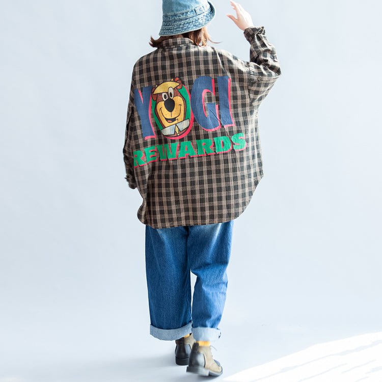 Herbst lässige schwarzgrüne Baumwollbluse Oversize-Tops mit Cartoon-Print und Fledermausärmeln