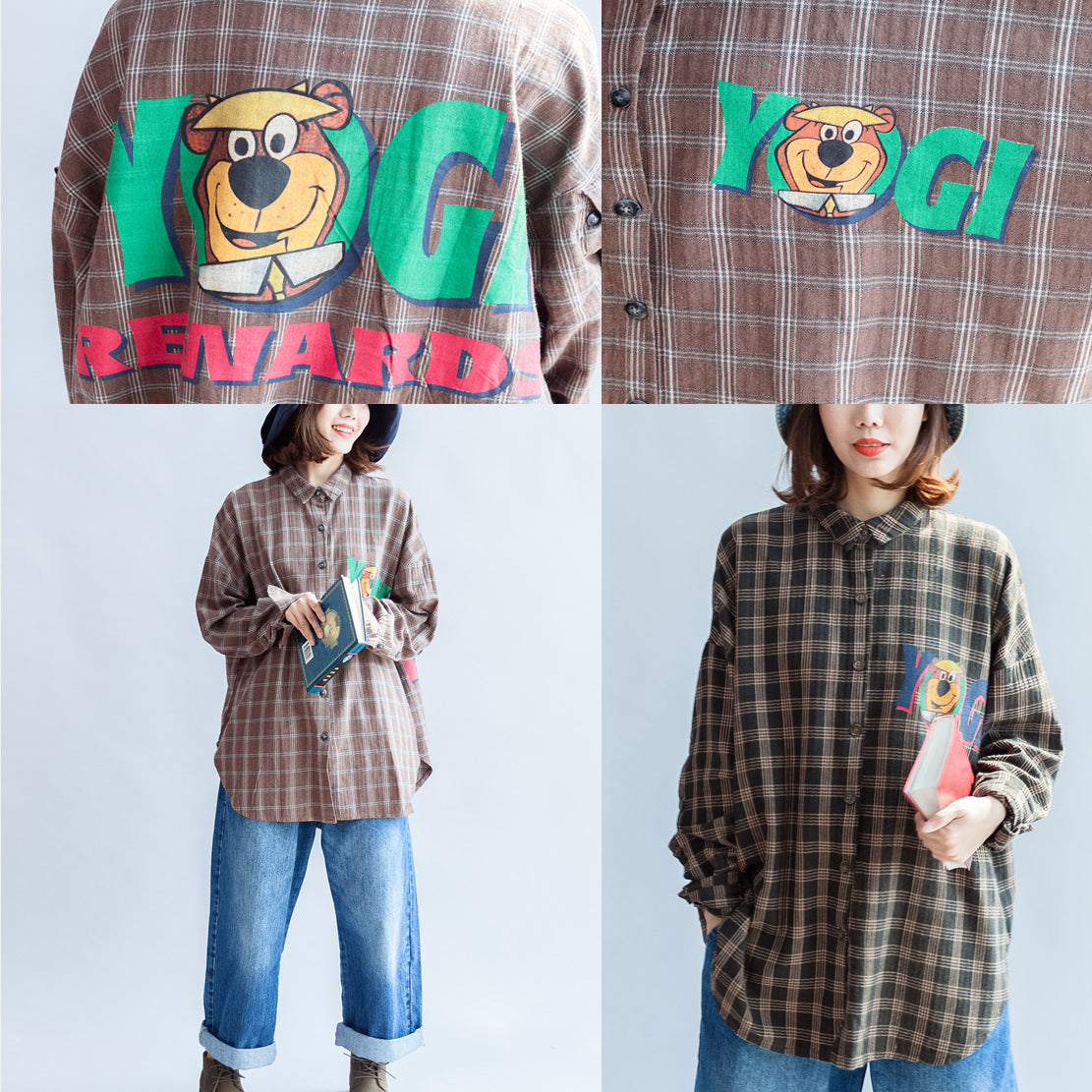 Herbst lässige schwarzgrüne Baumwollbluse Oversize-Tops mit Cartoon-Print und Fledermausärmeln
