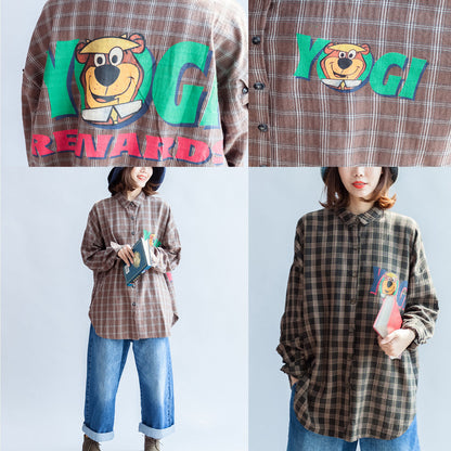 Herbst lässige schwarzgrüne Baumwollbluse Oversize-Tops mit Cartoon-Print und Fledermausärmeln