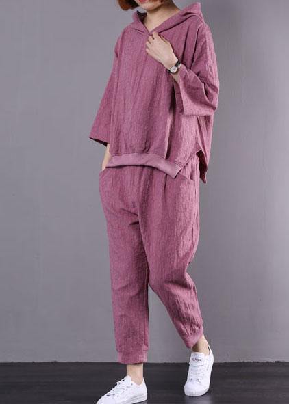 autumn dark pink hooded vintage tops and women casual trousers two pieces - SooLinen