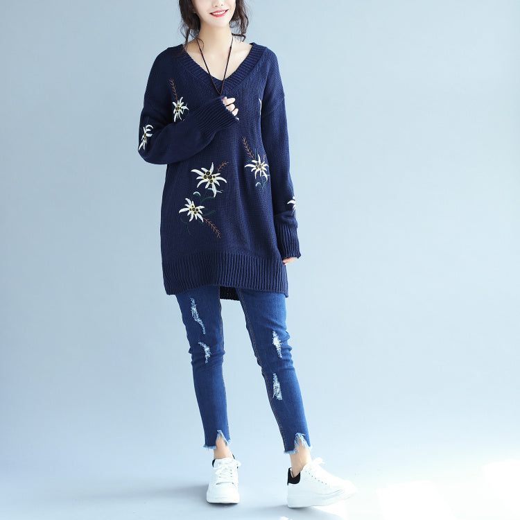 Herbstmode blaue Stickerei Pullover Kleid Übergröße mittellang Strickpullover Kleider