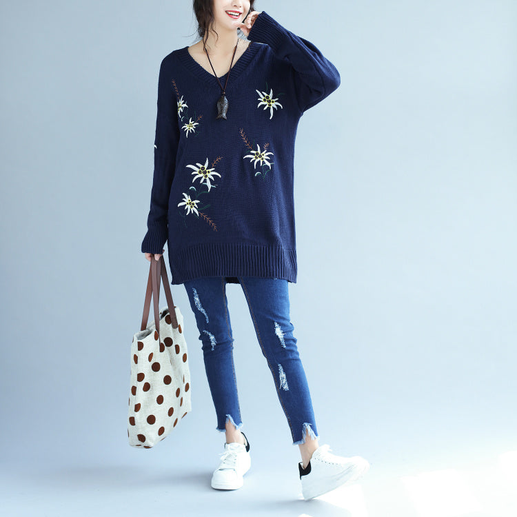Herbstmode blaue Stickerei Pullover Kleid Übergröße mittellang Strickpullover Kleider