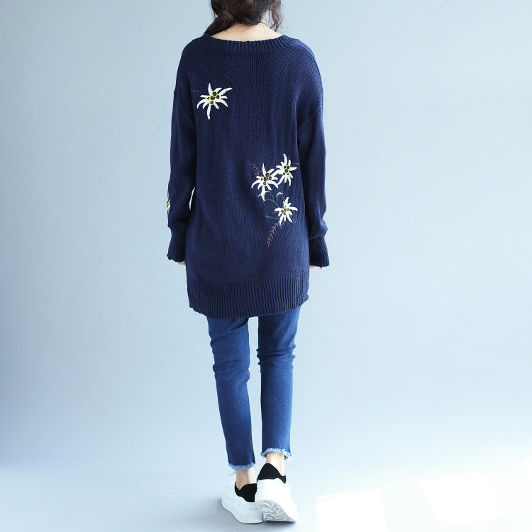 Herbstmode blaue Stickerei Pullover Kleid Übergröße mittellang Strickpullover Kleider