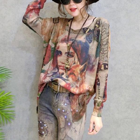 Herbst mode lässig print stricken pullover plus größe o neck frauen pullover