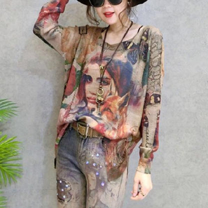 Herbst mode lässig print stricken pullover plus größe o neck frauen pullover