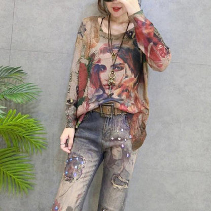 Herbst mode lässig print stricken pullover plus größe o neck frauen pullover