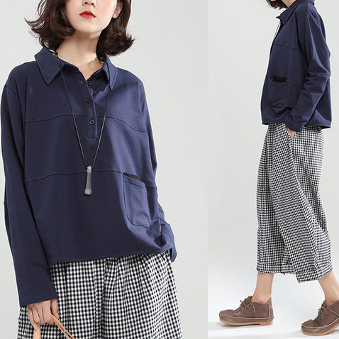 Herbstmode Marine Baumwollbluse Plus Size Langarmpullover