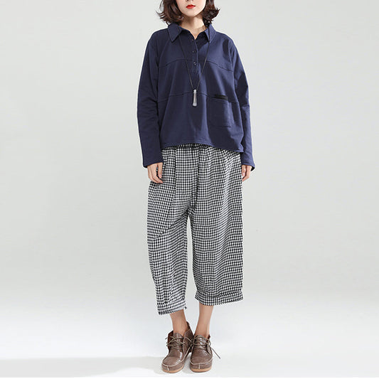 Herbstmode Marine Baumwollbluse Plus Size Langarmpullover